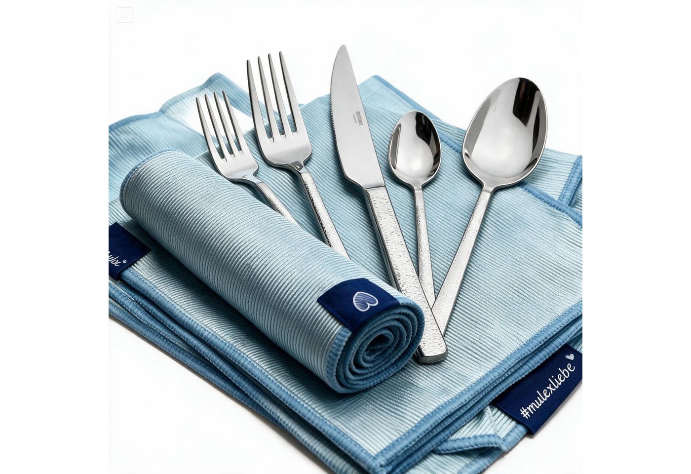 Mulex Besteck-Set Genua, Besteckset mit 3 Multifunktionstüchern (63-tlg), 12 Personen, Edelstahl 18/0, Kratzfestes Besteck mit edlem Design und angenehmer Hapti – Bild 5 von 5