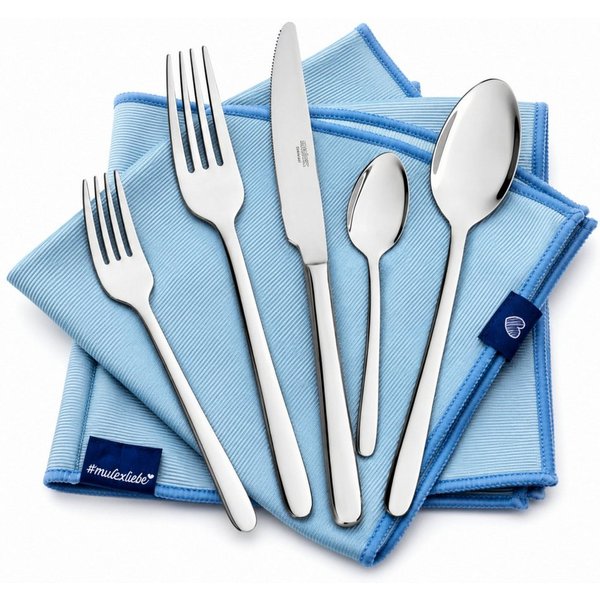 Mulex Besteck-Set Modica, Besteckset mit 3 Multifunktionstüchern (63-tlg), 12 Personen, Edelstahl 18/0, Zeitlos elegantes Besteck mit schlanker Form und edler O
