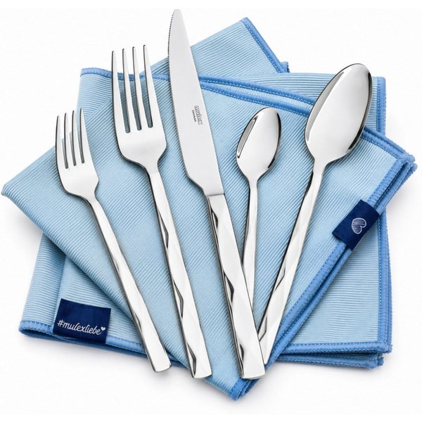 Mulex Besteck-Set Vicenza, Besteckset mit 3 Multifunktionstüchern (63-tlg), 12 Personen, Edelstahl 18/0, Facetten-Design mit edler Haptik und zeitloser Eleganz