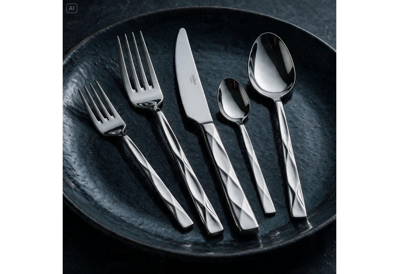 Mulex Besteck-Set Vicenza, Besteckset mit 3 Multifunktionstüchern (63-tlg), 12 Personen, Edelstahl 18/0, Facetten-Design mit edler Haptik und zeitloser Eleganz – Bild 2 von 5