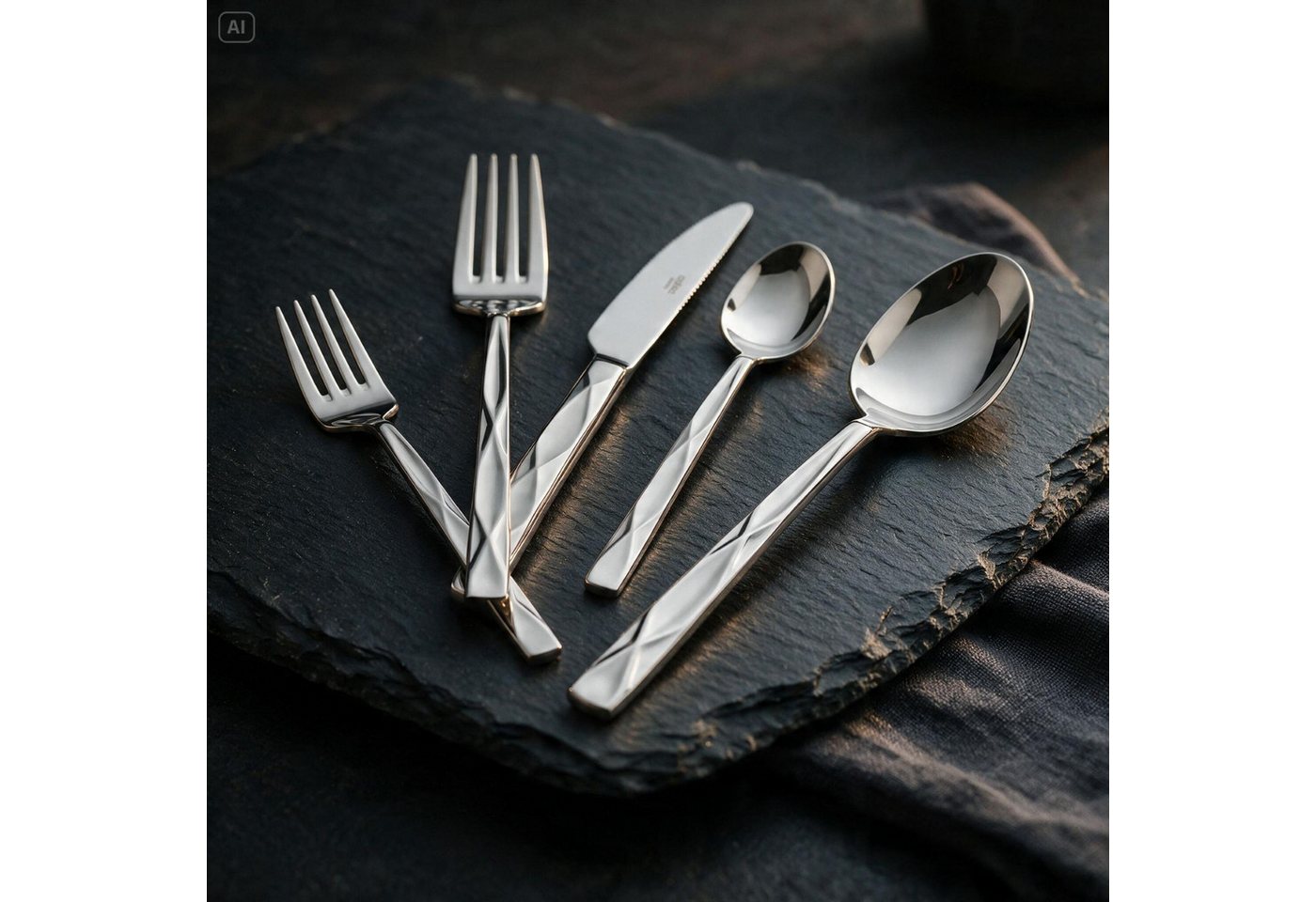 Mulex Besteck-Set Vicenza, Besteckset mit 3 Multifunktionstüchern (63-tlg), 12 Personen, Edelstahl 18/0, Facetten-Design mit edler Haptik und zeitloser Eleganz – Bild 3 von 5
