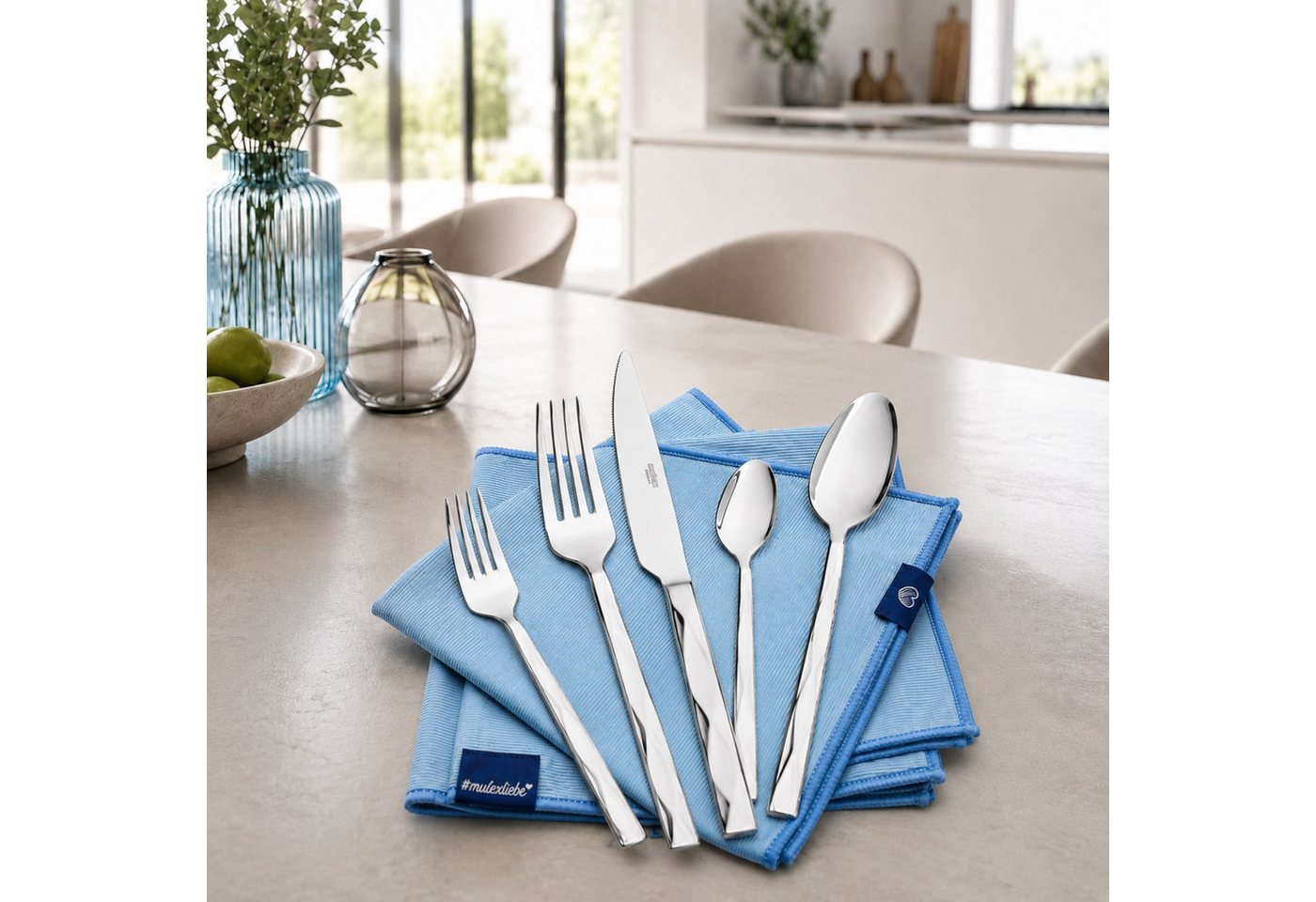 Mulex Besteck-Set Vicenza, Besteckset mit 3 Multifunktionstüchern (63-tlg), 12 Personen, Edelstahl 18/0, Facetten-Design mit edler Haptik und zeitloser Eleganz – Bild 4 von 5