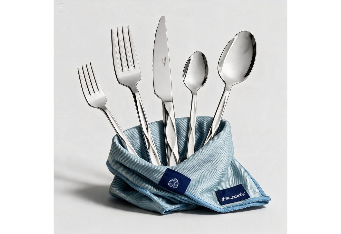 Mulex Besteck-Set Vicenza, Besteckset mit 3 Multifunktionstüchern (63-tlg), 12 Personen, Edelstahl 18/0, Facetten-Design mit edler Haptik und zeitloser Eleganz – Bild 5 von 5