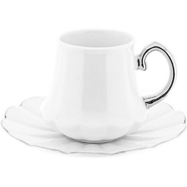 Mulex Kaffeeservice 12-teiliges Mokkatassen-Set aus Porzellan - Weiß & Silber, 100 ml (12-tlg), 6 Personen, Porzellan, 6x Mokkatassen, 6x Untertassen