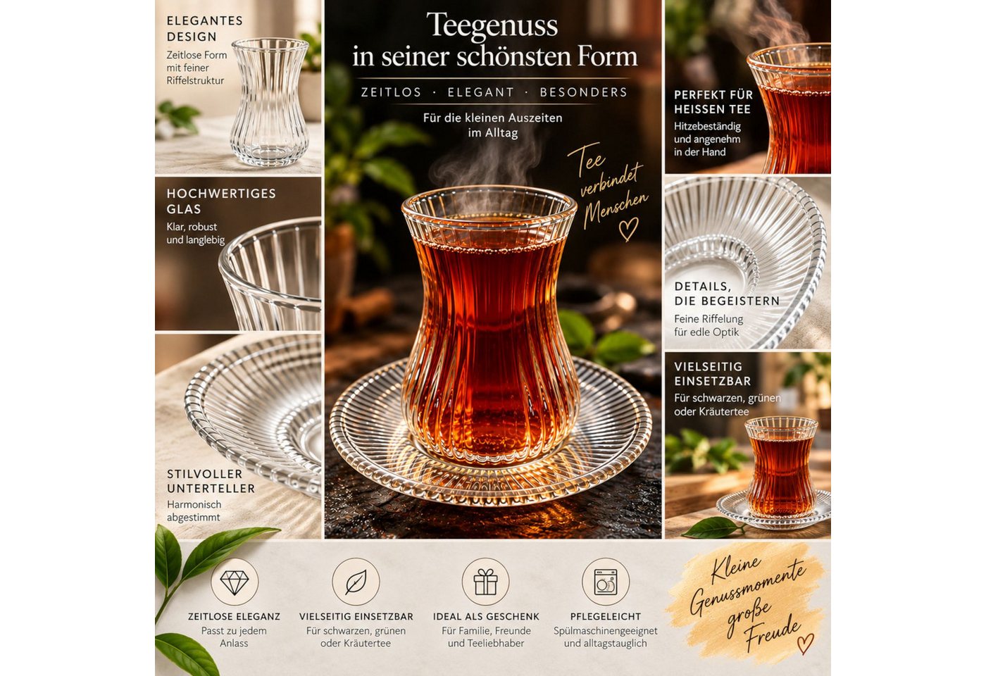 Mulex Teeglas Set inklusive Untersetzer geriffeltes Glas, 12-tlg., Glas, spülmaschinengeeignet – Bild 2 von 4