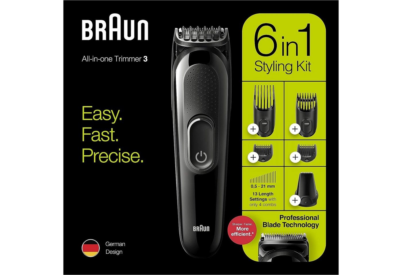 Braun Multifunktionstrimmer Braun 6-in-1 Bartschneider, mit Haar- und Nasentrimmer, Styling-Set, Set für Bart, 6-1 Styling KIT, Wiederverwendbar, langgiebig, le – Bild 3 von 5