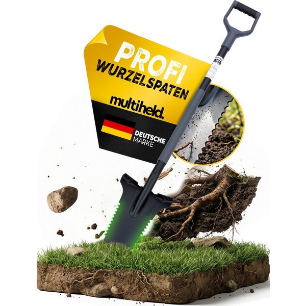 Multiheld Spaten Wurzelspaten mit Säge 120cm, 1050Mn Stahl, ergonomisch, (Robustes Gartenwerkzeug, 1-St), ergonomischer Softtouch-Griff, extra breite Trittkante
