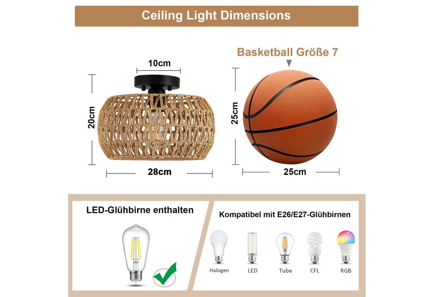 MUPOO Deckenleuchte Deckenleuchte Rattan Hängeleuchte,Pendelleuchte,Boho Deckenlampe, LED fest integriert, für Schlafzimmer Flur Korridor – Bild 2 von 5