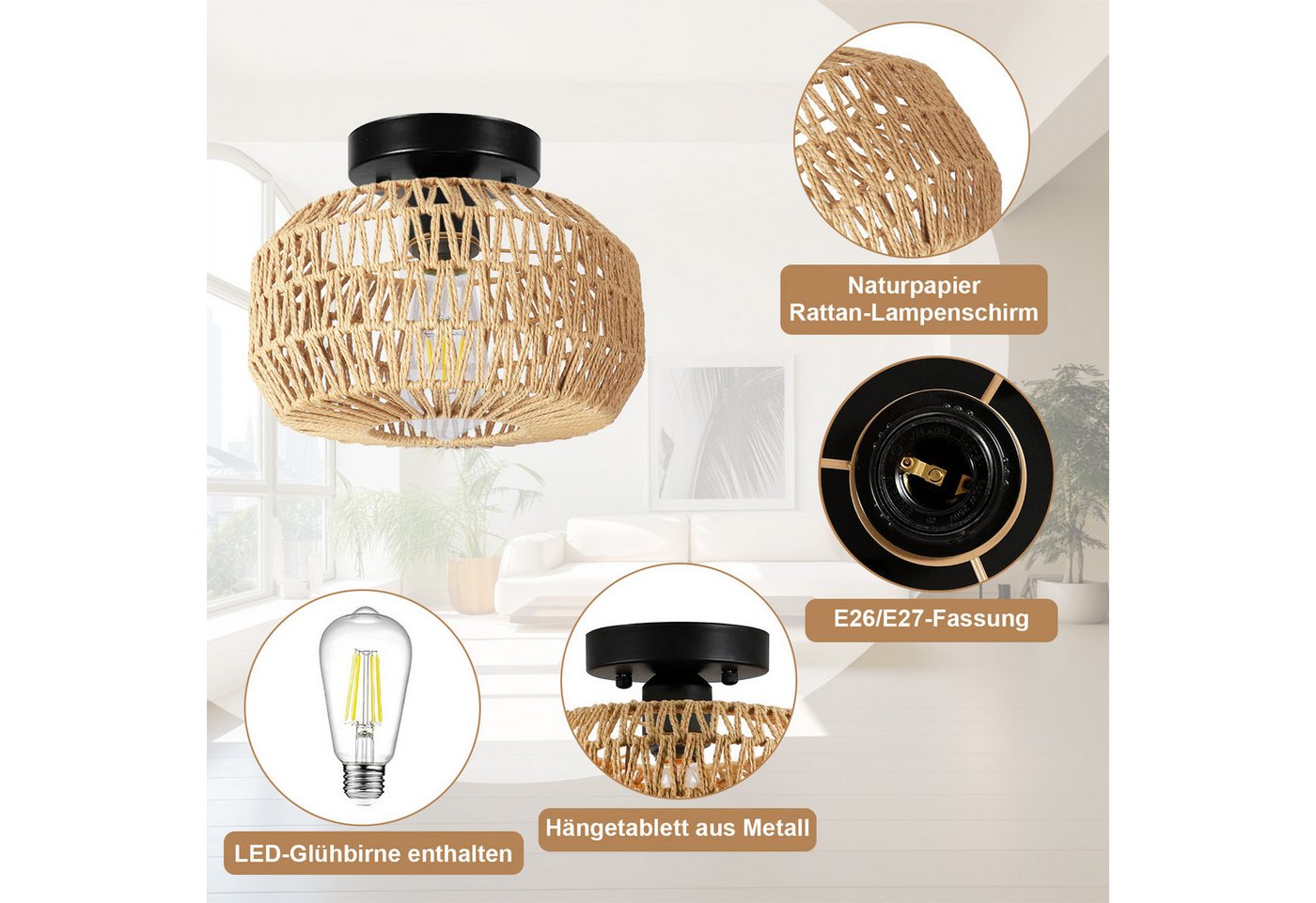 MUPOO Deckenleuchte Deckenleuchte Rattan Hängeleuchte,Pendelleuchte,Boho Deckenlampe, LED fest integriert, für Schlafzimmer Flur Korridor – Bild 3 von 5