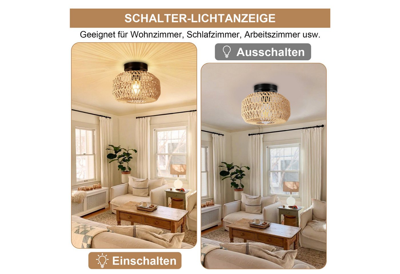 MUPOO Deckenleuchte Deckenleuchte Rattan Hängeleuchte,Pendelleuchte,Boho Deckenlampe, LED fest integriert, für Schlafzimmer Flur Korridor – Bild 4 von 5