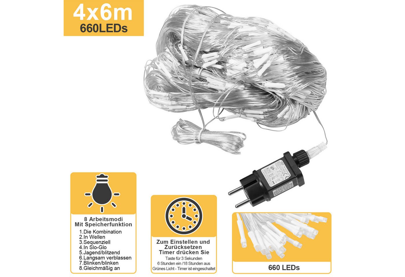 MUPOO LED-Lichternetz LED Lichternetz Warmweiß,6W Energiesparen, 8 Modi Lichterkette,6x4 m, 8 Modi, Energiesparen,Timer-Funktion, Speicher-Funktion – Bild 2 von 5