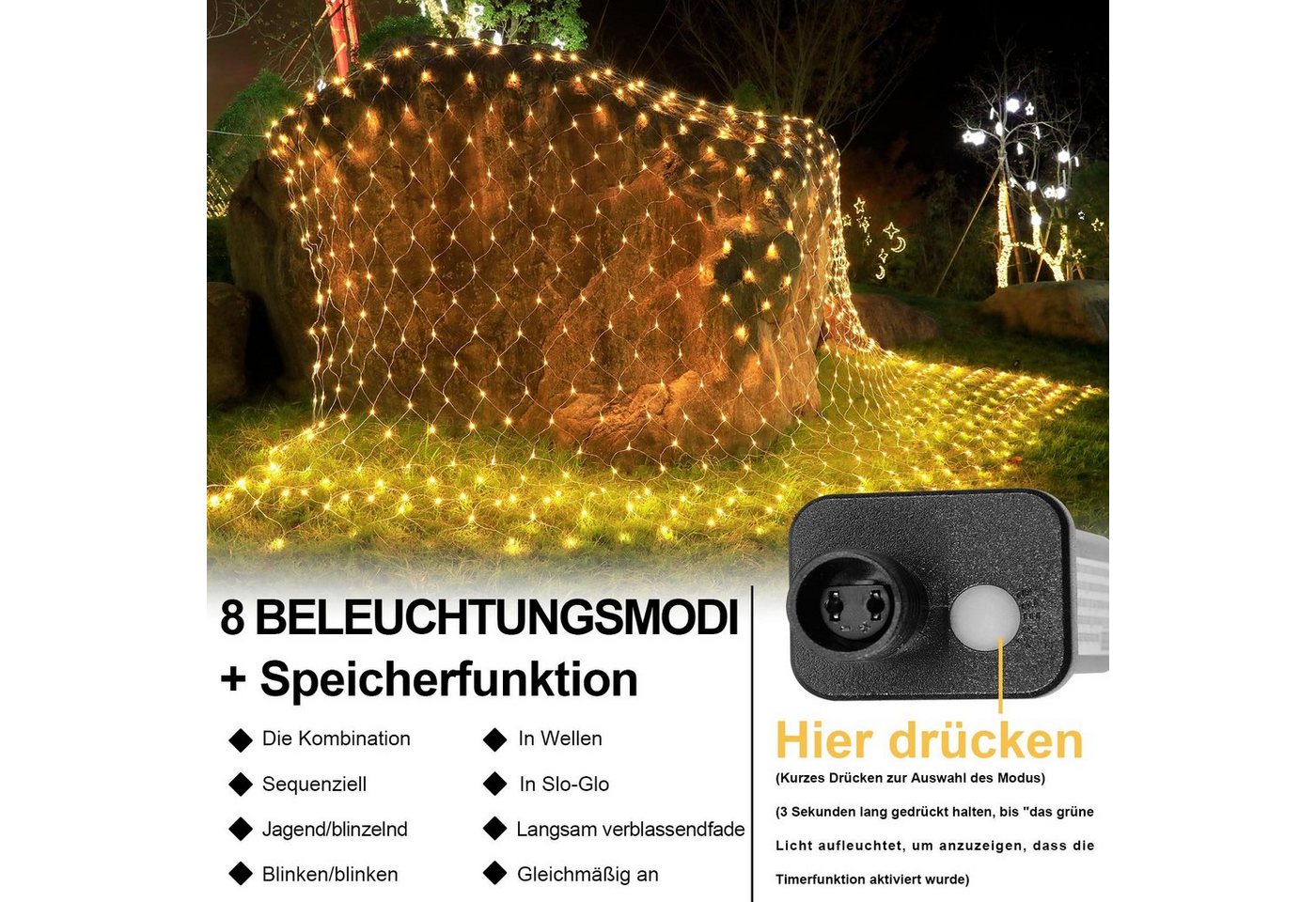 MUPOO LED-Lichternetz LED Lichternetz Warmweiß,6W Energiesparen, 8 Modi Lichterkette,6x4 m, 8 Modi, Energiesparen,Timer-Funktion, Speicher-Funktion – Bild 3 von 5