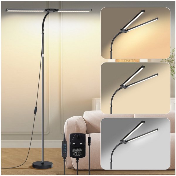 MUPOO LED Stehlampe Doppelkopf LED Stehleuchte,Moderne LED Leselampe, 10 Stufen Helligkeit, Einstellbar & 3 Farbtemperaturen,für Wohnzimmer Büro Crafting