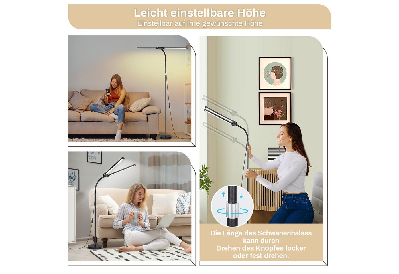 MUPOO LED Stehlampe Doppelkopf LED Stehleuchte,Moderne LED Leselampe, 10 Stufen Helligkeit, Einstellbar & 3 Farbtemperaturen,für Wohnzimmer Büro Crafting – Bild 3 von 5