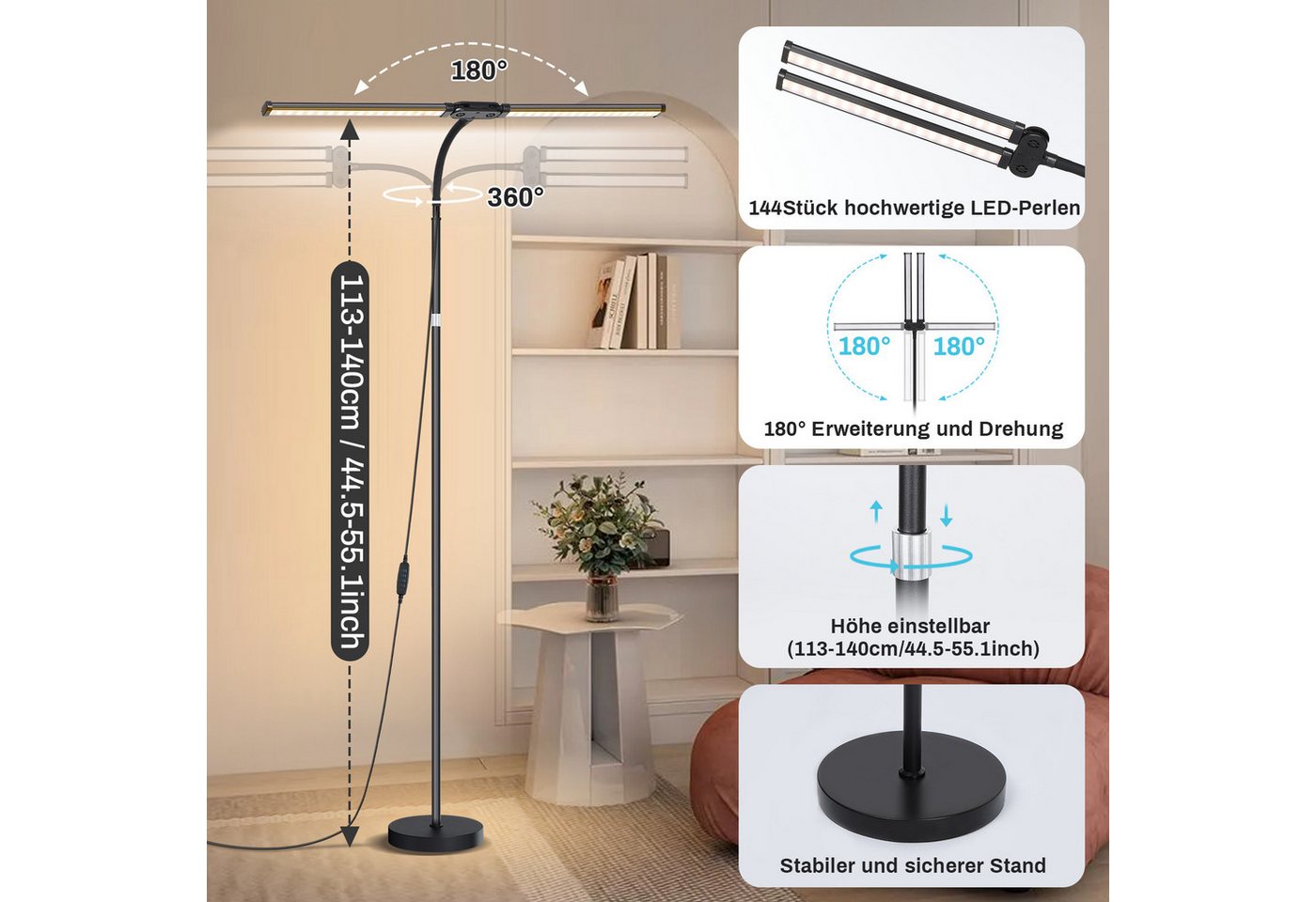 MUPOO LED Stehlampe Doppelkopf LED Stehleuchte,Moderne LED Leselampe, 10 Stufen Helligkeit, Einstellbar & 3 Farbtemperaturen,für Wohnzimmer Büro Crafting – Bild 4 von 5
