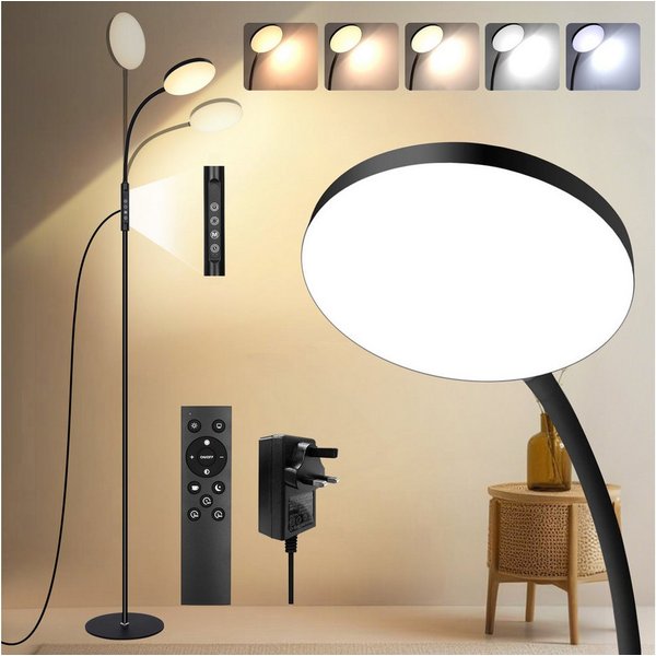 MUPOO LED Stehlampe LED Stehleuchte Weiß/Schwarz mit Schwanenhals,165cm, 10 Helligkeitsstufen & 5 Lichtfarben,mit Fernbedienung,16W,Timer