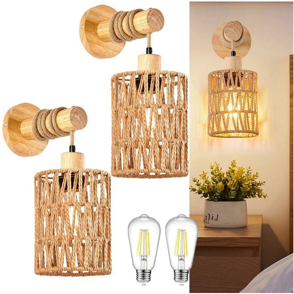 MUPOO LED Wandleuchte Vintage Innen Wandleuchte,E27 Retro Holz Wandlampe, Warmweiß Glühbirne, LED fest integriert, mit Rattan Lampenschirm,Handgewebte im Farmho