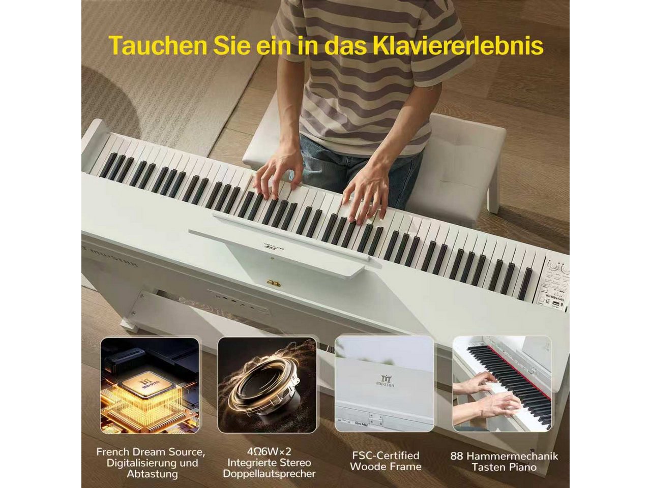 MUSTAR Digitalpiano E-Piano mit Hammermechanik,88 Tasten, 3 Pedale, Dual Kontrollsystem,USB/MIDI – Bild 4 von 5
