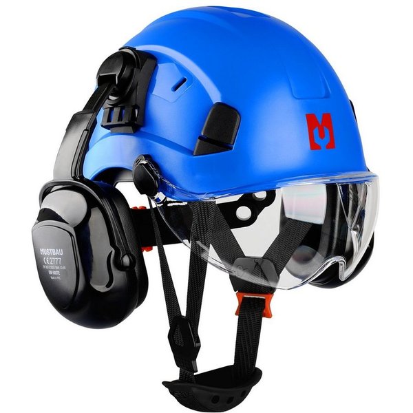 Mustbau Schutzhelm EN397, Arbeitshelm Mit Ohrschutz und Schutzbrille Set, ABS, 53- 63cm verstellbar