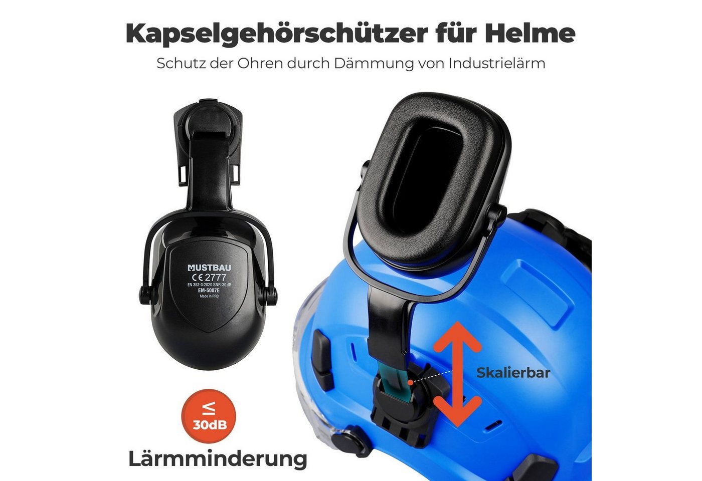 Mustbau Schutzhelm EN397, Arbeitshelm Mit Ohrschutz und Schutzbrille Set, ABS, 53- 63cm verstellbar – Bild 5 von 5