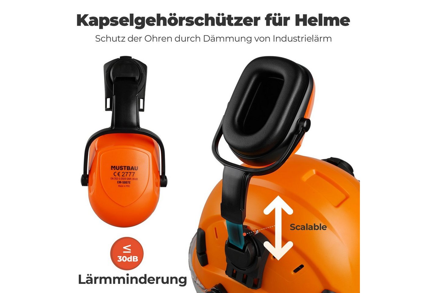 Mustbau Schutzhelm EN397, Arbeitshelm Mit Ohrschutz und Schutzbrille Set, ABS, 53- 63cm verstellbar – Bild 5 von 5
