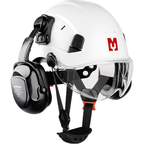Mustbau Schutzhelm EN397, Arbeitshelm Mit Ohrschutz und Schutzbrille Set, ABS, 53- 63cm verstellbar