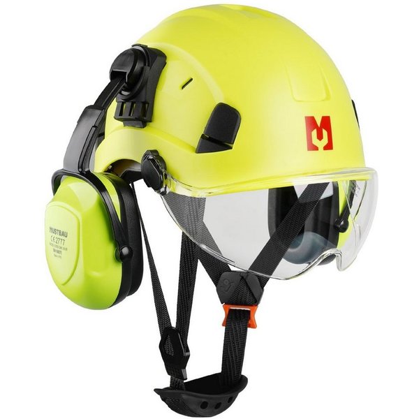 Mustbau Schutzhelm EN397, Arbeitshelm Mit Ohrschutz und Schutzbrille Set, ABS, 53- 63cm verstellbar