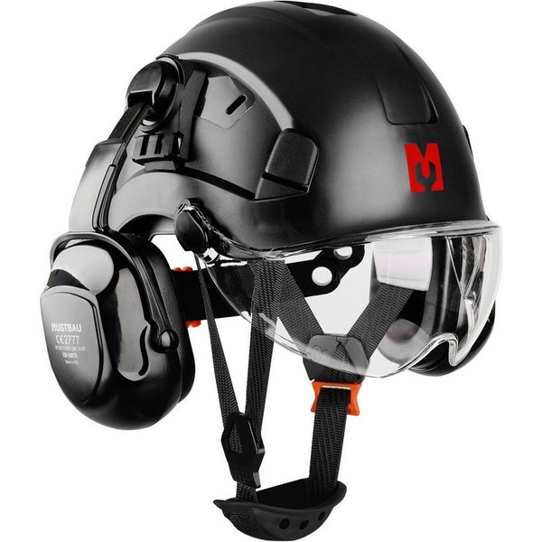 Mustbau Schutzhelm EN397, Arbeitshelm Mit Ohrschutz und Schutzbrille Set, ABS, 53- 63cm verstellbar