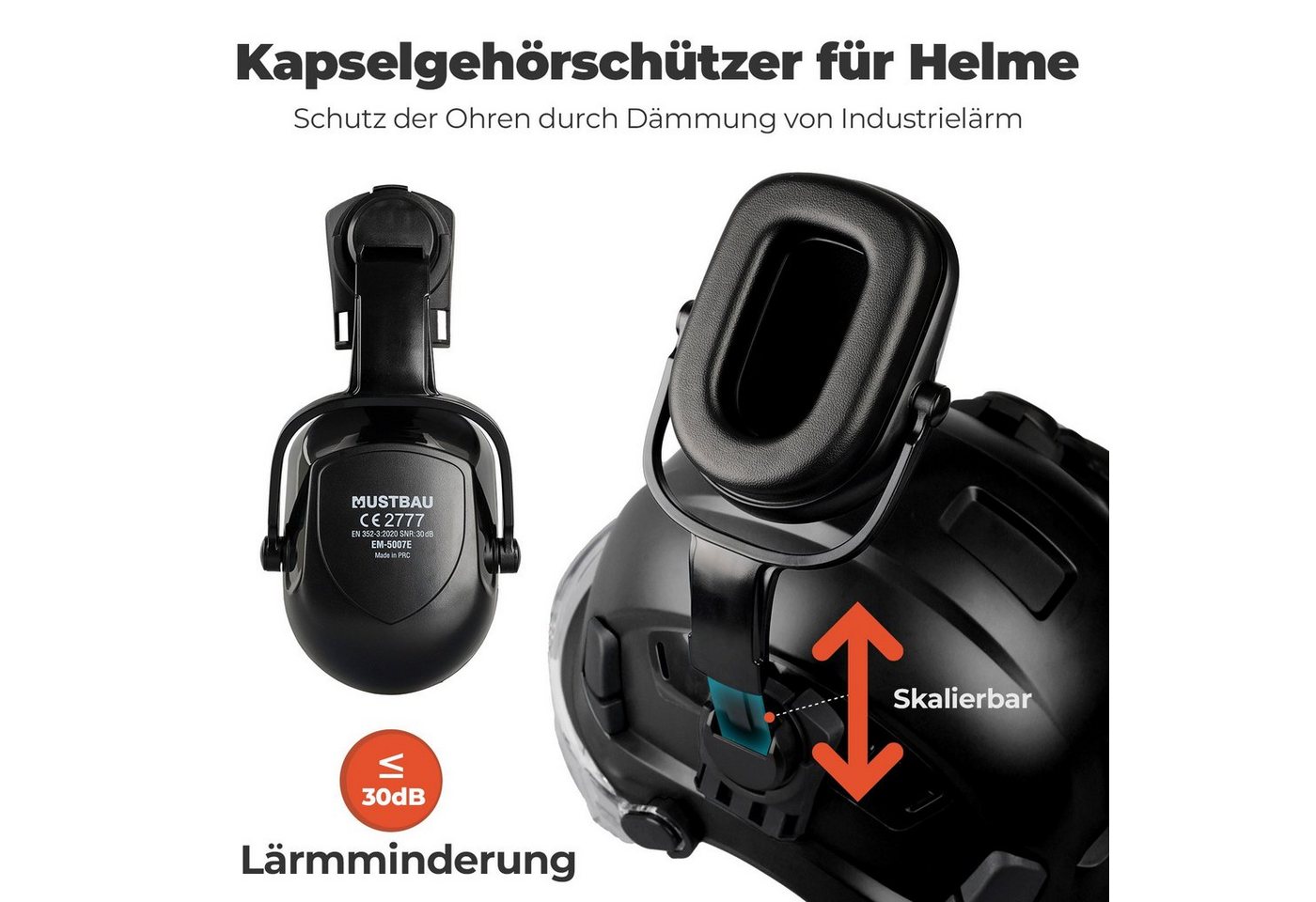Mustbau Schutzhelm EN397, Arbeitshelm Mit Ohrschutz und Schutzbrille Set, ABS, 53- 63cm verstellbar – Bild 5 von 5