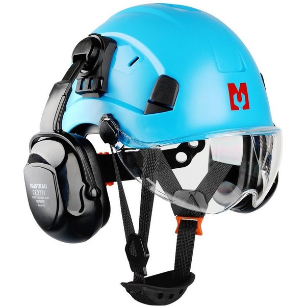 Mustbau Schutzhelm EN397, Arbeitshelm Mit Ohrschutz und Schutzbrille Set, ABS, 53- 63cm verstellbar