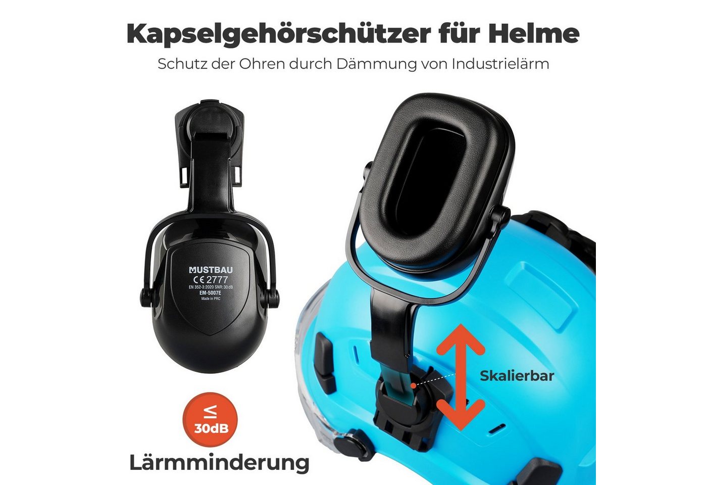 Mustbau Schutzhelm EN397, Arbeitshelm Mit Ohrschutz und Schutzbrille Set, ABS, 53- 63cm verstellbar – Bild 5 von 5