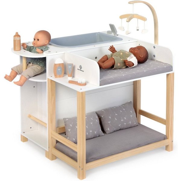 MUSTERKIND® Puppen Pflegecenter Viola, weiß/natur/grau, aus Holz und Musselin-Stoff