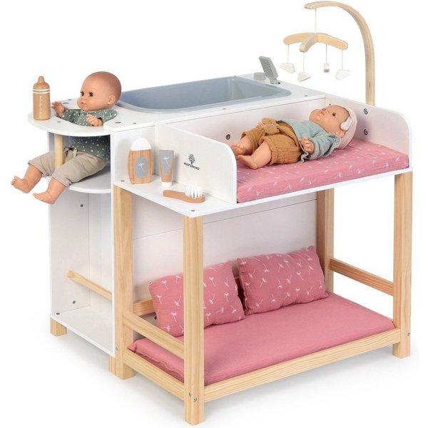 MUSTERKIND® Puppen Pflegecenter Viola, weiß/natur/rosa, aus Holz und Musselin-Stoff