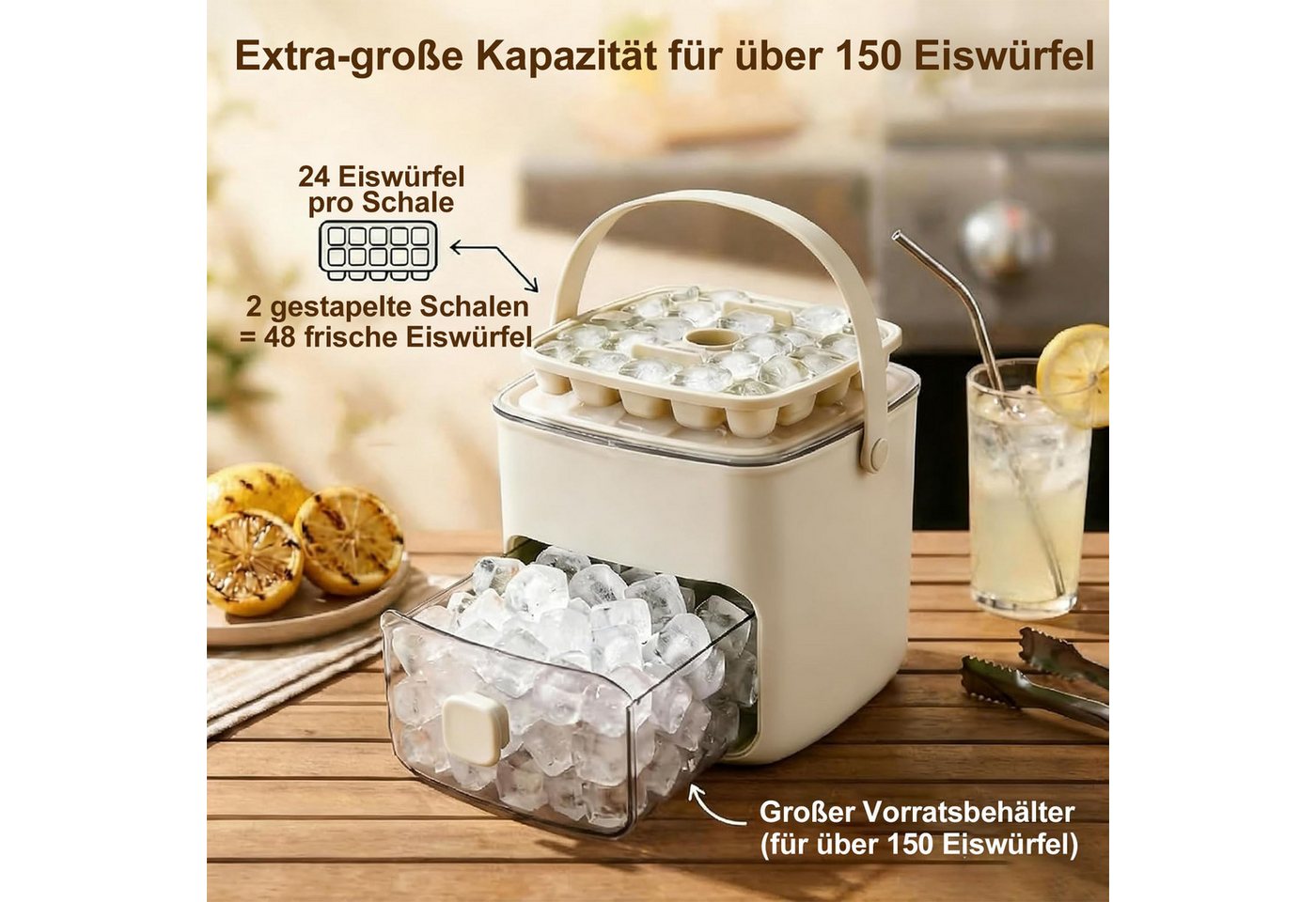 Mutig Eiswürfelform Eiswürfelbehälter mit Deckel,48 Eiswürfel,mit 2 Tablett,1 Eiszange, (Eiswürfelform Silikon,Kann bis zu 150 Eiswürfel aufbewahren), Einfaches – Bild 2 von 5