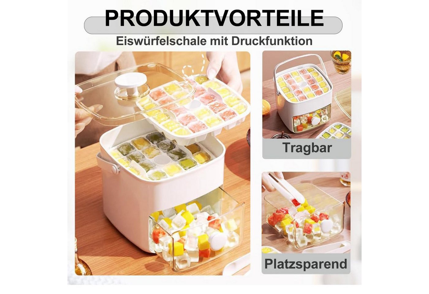 Mutig Eiswürfelform Eiswürfelbehälter mit Deckel,48 Eiswürfel,mit 2 Tablett,1 Eiszange, (Eiswürfelform Silikon,Kann bis zu 150 Eiswürfel aufbewahren), Einfaches – Bild 5 von 5