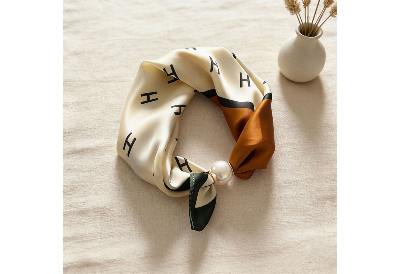 Mutig Modetuch Damen-Halstuch, Satin Seidenschal, Perlen-Magnetverschluss, Vielseitig, (Retro-Grafikdruck, Magnetverschluss-Design, Als Halstuch, Seidenschal od – Bild 2 von 5