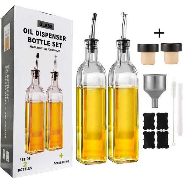 Mutig Ölspender Ölflasche, 2 Packung mit 500ML Essig und Ölspender Set mit Trichter, (mit Trichter, Antifouling-Abdeckung, Etikett, Edelstahl-Ausgießern, Oliven