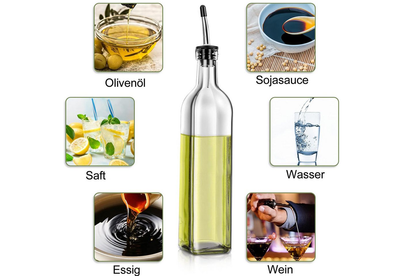 Mutig Ölspender Ölflasche, 2 Packung mit 500ML Essig und Ölspender Set mit Trichter, (mit Trichter, Antifouling-Abdeckung, Etikett, Edelstahl-Ausgießern, Oliven – Bild 3 von 5