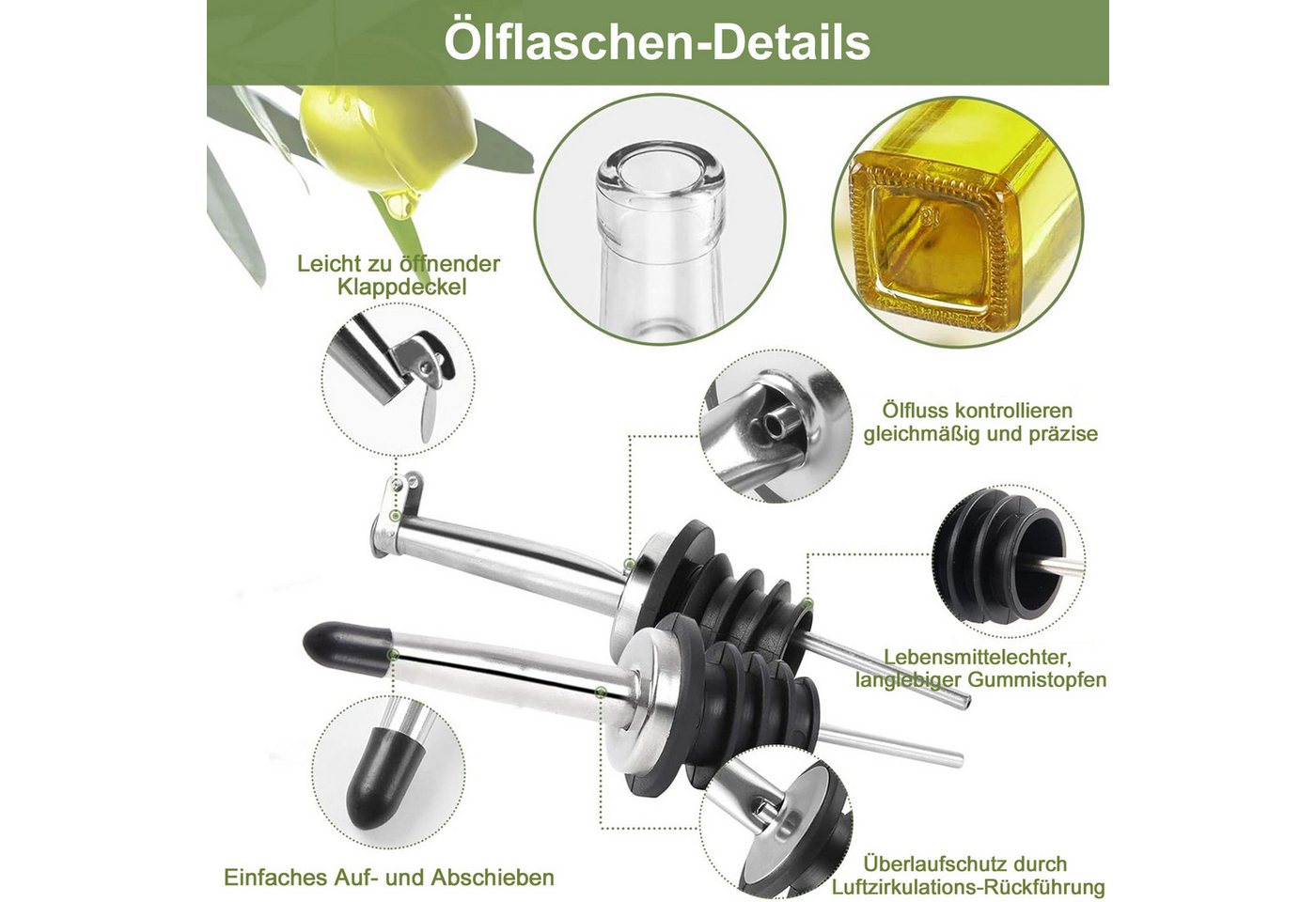 Mutig Ölspender Ölflasche, 2 Packung mit 500ML Essig und Ölspender Set mit Trichter, (mit Trichter, Antifouling-Abdeckung, Etikett, Edelstahl-Ausgießern, Oliven – Bild 4 von 5