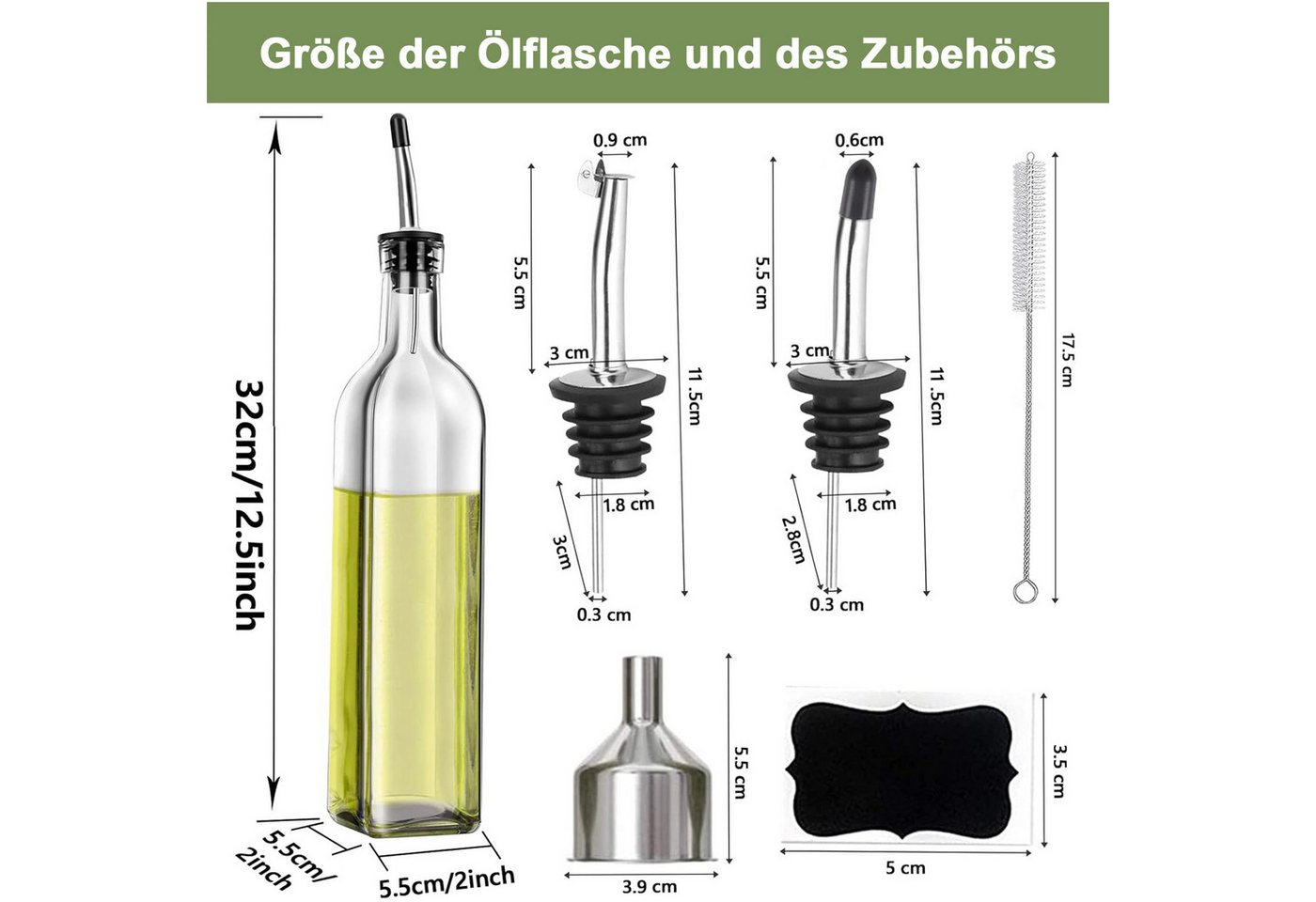 Mutig Ölspender Ölflasche, 2 Packung mit 500ML Essig und Ölspender Set mit Trichter, (mit Trichter, Antifouling-Abdeckung, Etikett, Edelstahl-Ausgießern, Oliven – Bild 5 von 5