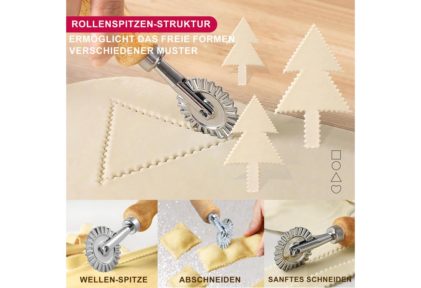 Mutig Ravioliform 5er SetRavioli Ausstecher Former,Teigrädchen, Raviolischneider, (5 set Quadratische Runde Herzförmige Ravioli Former mit Holzgriff), Für die P – Bild 4 von 5