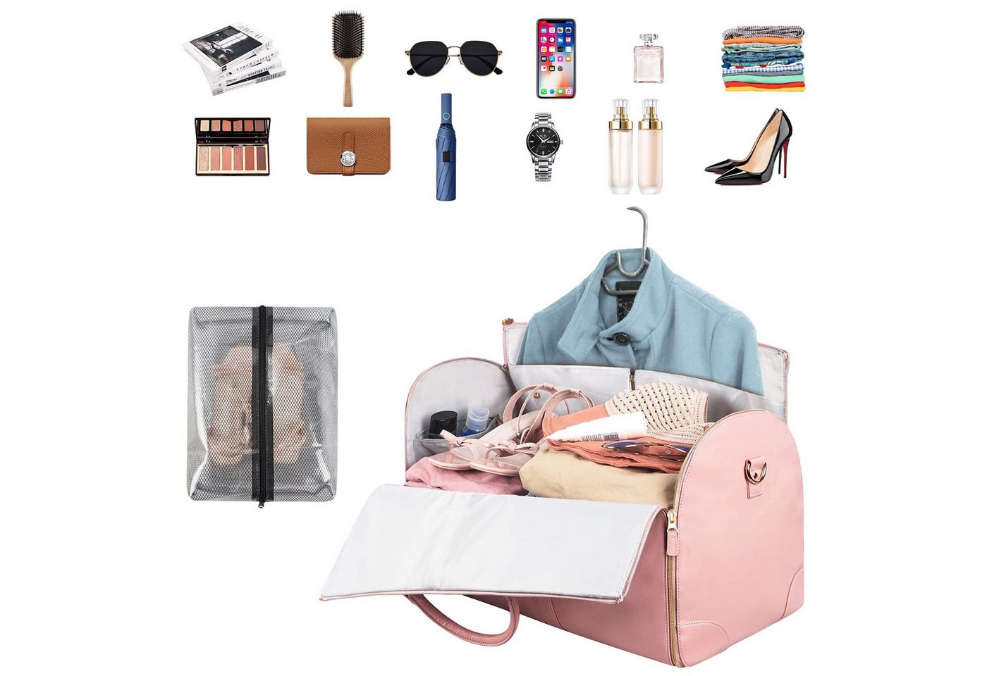 Mutig Reisetasche Reisetasche mit Schuhbeutel, 2-in-1 Hängetasche Anzugtasche für Damen (Wasserdichter Kleidersack – Faltbare Reisetasche aus Leder für Frauen,  – Bild 3 von 5
