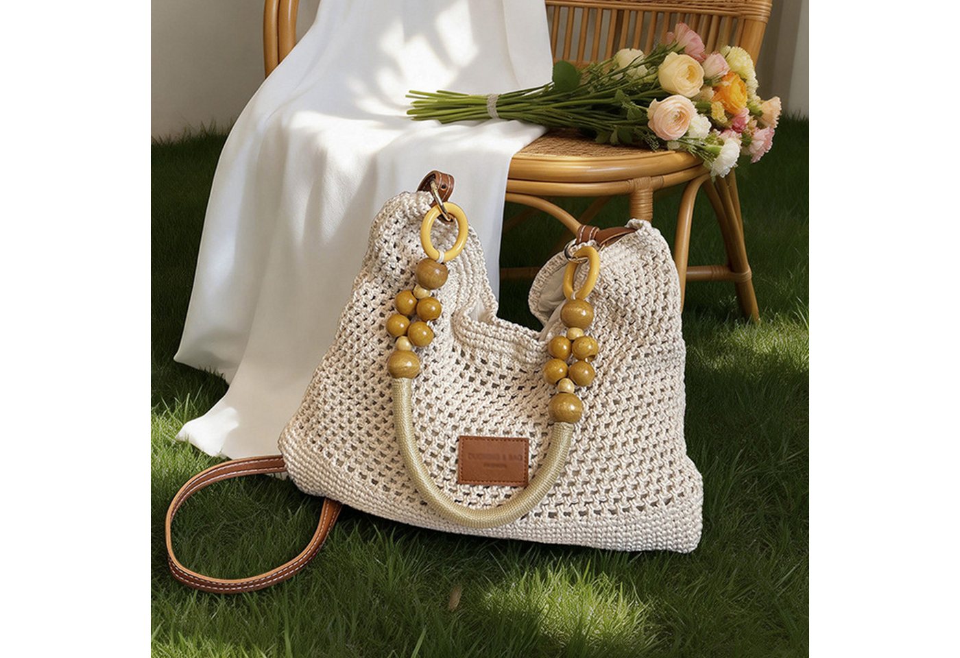 Mutig Strandtasche Boho Häkeltasche Damen, Strandtasche Sommer Shopper (Hobo Schultertasche, große Einkaufstasche), faltbare Reisetasche für Urlaub, Reise und F – Bild 3 von 5