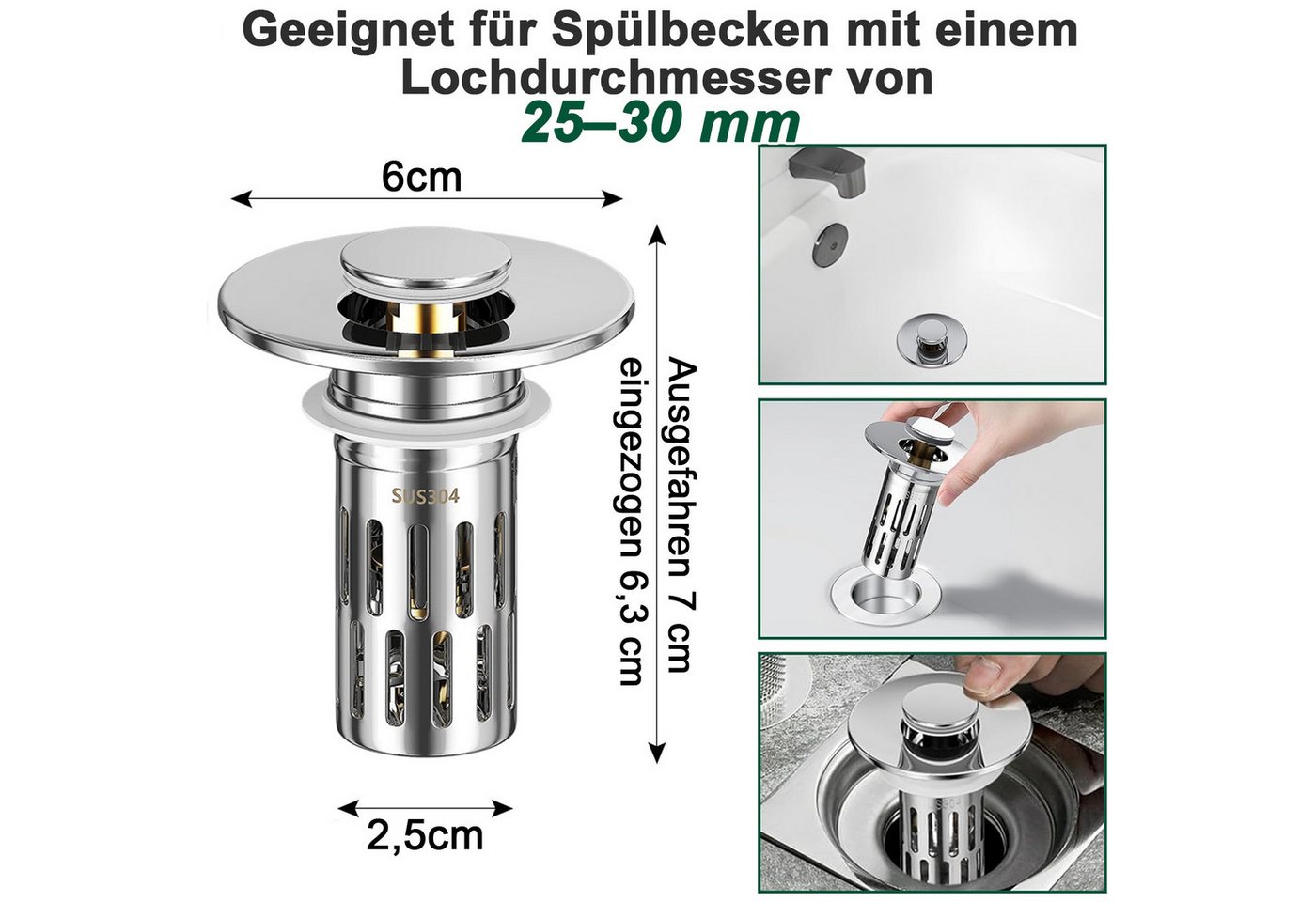 Mutig Waschbeckenstöpsel 2 Stück 2-in-1 Waschbeckenstöpsel mit Abflusssieb, aus 304 Edelstahl, (Universeller Pop Up Abflussstopfen mit Haarsieb, schnell ablaufe – Bild 2 von 5