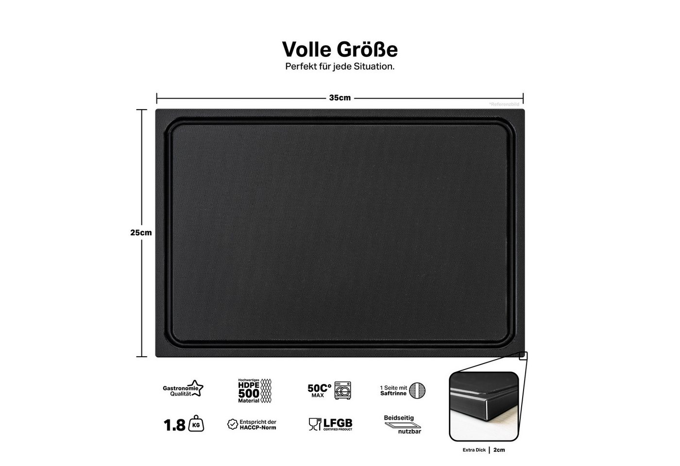 MUVELL Schneidebrett Kunststoff, Schwarz, 35x25x2 cm, mit Saftrille, EXTRA dick, Kunststoff, (Stück, 1-St., Schneidebrett), messerschonend,Saftrille,Extra Dick – Bild 2 von 5