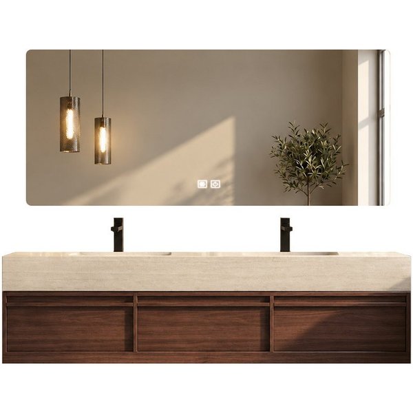 Muxing Badmöbel-Set Doppelwaschbecken Travertinoptik mit Spiegel und Unterschrank, (Set)