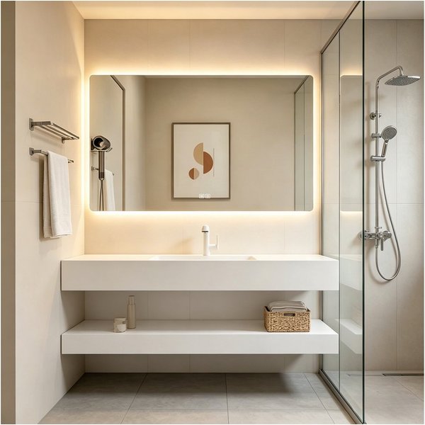 Muxing Badmöbel-Set mit Sinterstein-Waschbecken, LED-Spiegel (Anti-Beschlag) & Ablagebrett, (Set, 3-St), 110×55×15 cm, wandhängend, modern, pflegeleicht