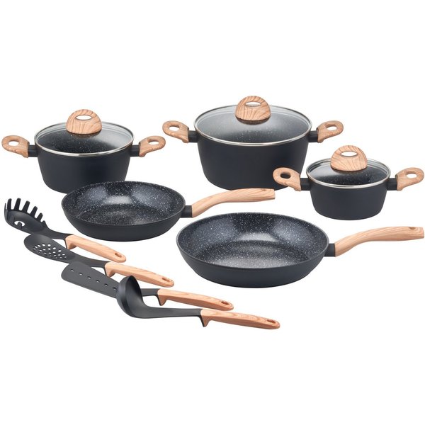 my home Topf-Set Genlis, Aluminium (Set, 12-tlg., Kochtopf 16/20/24 cm, Bratpfanne 24/28 cm + 4-tlg. Küchenhelfer-Set), Kochtopf-Set im modernen Design mit form