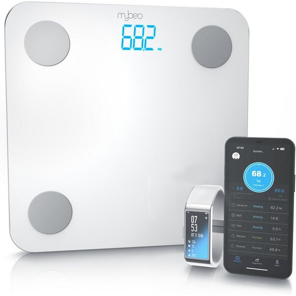 MyBeo Körper-Analyse-Waage Digitale Bluetooth Körperfettwaage, Diagnosewaage mit App-Steuerung, 1-tlg., Multifunktionswaage, BMI, Körperfett, Wasser & Muskelant
