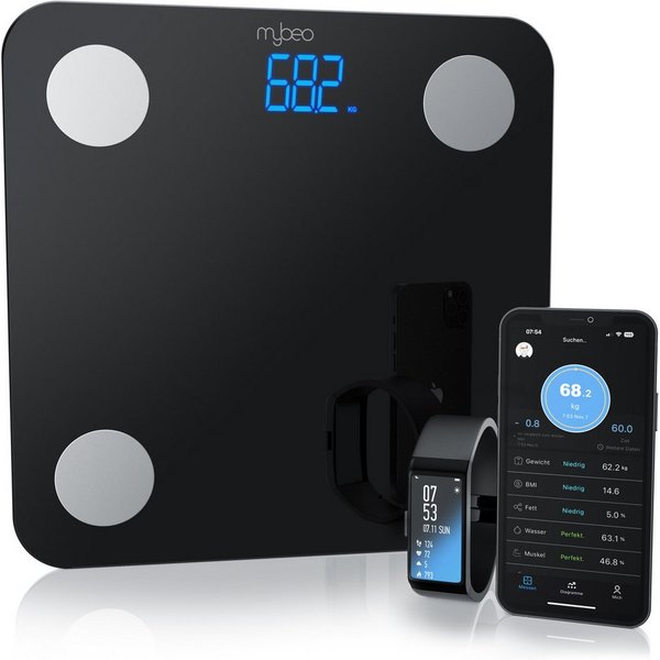 MyBeo Körper-Analyse-Waage Digitale Bluetooth Körperfettwaage, Diagnosewaage mit App-Steuerung, 1-tlg., Personenwaage, BMI, Körperfett, Wasser & Muskelanteil, 5
